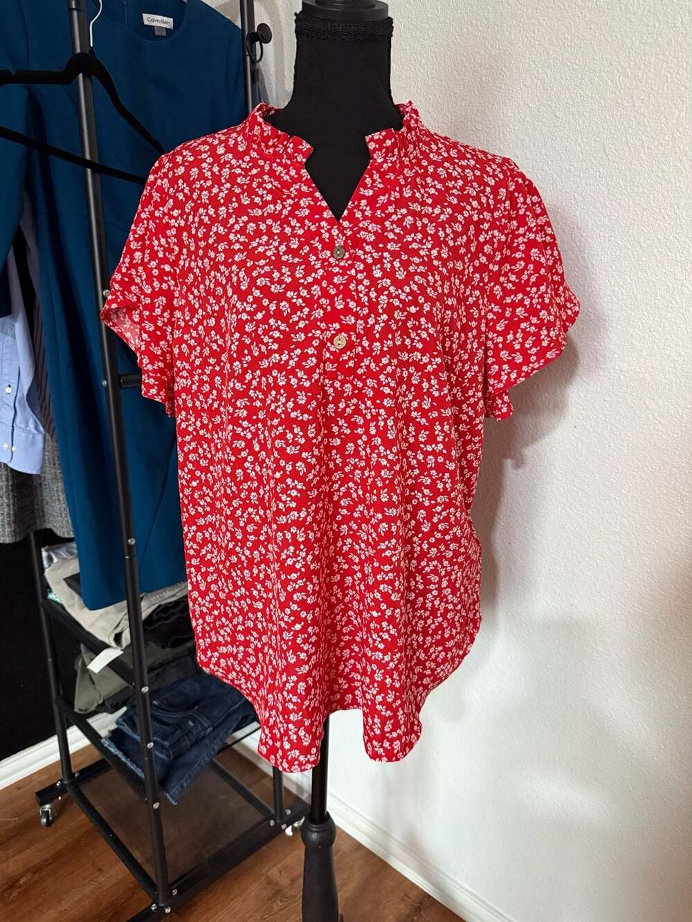 Lookboho Red White Floral Short Sleeve Button Front Notch Neck Blouse Top XL